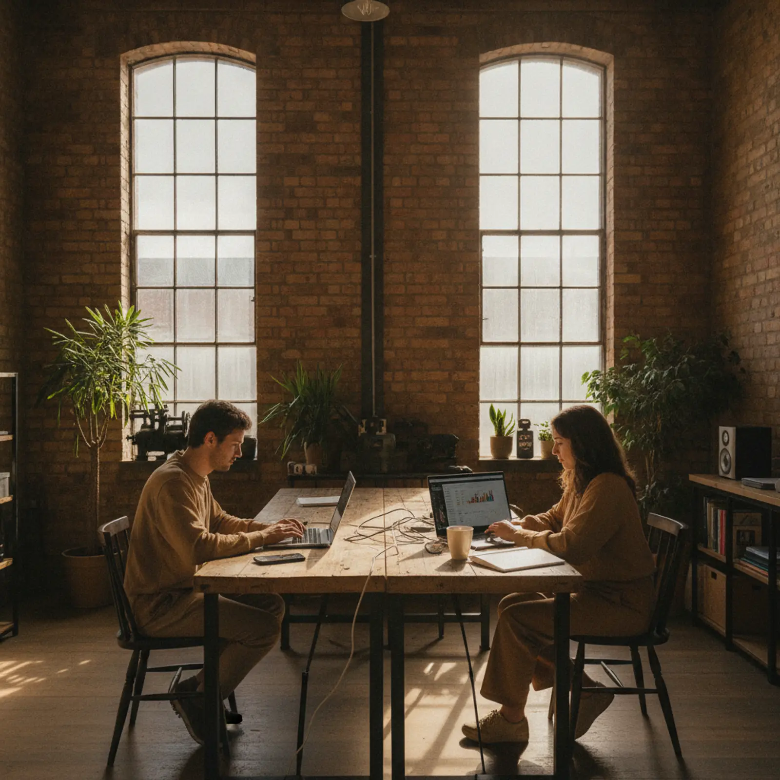 Two people reviewing search data at a workbench inside a converted red-brick shoe factory